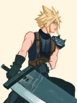  1boy armor baggy_pants black_gloves blonde_hair blue_eyes buster_sword chocobowings closed_mouth cloud_strife commentary cowboy_shot final_fantasy final_fantasy_vii final_fantasy_vii_remake gloves highres holding holding_sword holding_weapon huge_weapon looking_to_the_side male_focus pants profile ribbed_sweater short_hair shoulder_armor simple_background single_bare_shoulder sleeveless sleeveless_turtleneck solo spiky_hair suspenders sweater sword turtleneck turtleneck_sweater weapon 