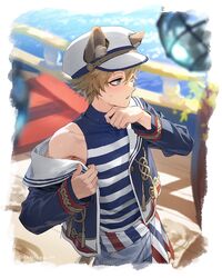  1boy animal_ear_fluff animal_ears blonde_hair blue_eyes blue_shirt blurry blurry_background blush boat border commentary cowboy_shot hand_on_own_face hat highres jacket jacket_on_shoulders looking_to_the_side male_focus multicolored_clothes multicolored_jacket ocean open_mouth pants railing ruggie_bucchi sailor_hat sash ship_deck shirt single_bare_shoulder sleeveless sleeveless_shirt solo stairs striped_clothes striped_sash striped_shirt sweat sweatdrop symbol-only_commentary ttorisseu_vn twisted_wonderland water watercraft white_border white_hat white_pants 