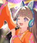  1girl ;d absurdres animal_ear_headphones animal_ears arm_up blue_headphones blurry blurry_background brown_hair cat_ear_headphones commentary fake_animal_ears falling_petals flower fujishima_megumi hair_ornament hairclip headphones hi_(rurimeg) highres holding holding_microphone identity_(love_live!) japanese_clothes jewelry kimono link!_like!_love_live! long_hair long_sleeves love_live! microphone necklace one_eye_closed orange_kimono petals purple_flower purple_petals smile solo star_(symbol) star_hair_ornament teeth triangle_hair_ornament two_side_up upper_body upper_teeth_only violet_eyes virtual_youtuber wide_sleeves 