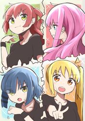  4girls absurdres ahoge asymmetrical_bangs black_ribbon black_shirt black_t-shirt black_wristband blonde_hair blue_eyes blue_hair blunt_bangs bocchi_the_rock! closed_mouth commentary detached_ahoge eyelashes eyes_visible_through_hair frikuriku02070720 from_side gotoh_hitori green_eyes hair_ribbon hand_up highres ijichi_nijika kita_ikuyo light_blush long_hair loose_hair_strand mole mole_under_eye multicolored_background multiple_girls nervous nervous_smile nervous_sweating one_side_up open_mouth pink_hair ponytail_with_braided_base red_eyes redhead ribbon shirt short_sleeves side_ponytail smile sparkle sweat t-shirt teeth tress_ribbon upper_body upper_teeth_only v v-shaped_eyebrows wavy_mouth wiping_sweat yamada_ryo yuri 