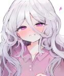  1girl blue_archive blush buttons dot_nose hair_between_eyes half-closed_eyes highres hina_(blue_archive) long_hair looking_at_viewer naya_(888890tt) portrait purple_shirt shirt simple_background smile solo teeth violet_eyes white_background white_hair 