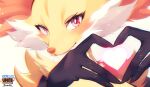  black_fur blush copyright_name delphox english_text heart heart_hands logo looking_at_viewer multicolored_fur pokemon pokemon_(creature) pokemon_unite portrait red_eyes red_fur simple_background solo suahh white_fur yellow_fur 