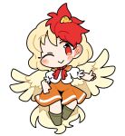 1girl animal animal_on_head bird bird_on_head bird_tail bird_wings blonde_hair blush boots brown_footwear chick closed_mouth dress feathered_wings full_body highres ini_(inunabe00) multicolored_hair niwatari_kutaka on_head one_eye_closed orange_dress red_eyes redhead shirt short_hair short_sleeves simple_background smile solo tail touhou two-tone_hair white_background white_shirt wings yellow_wings 