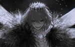  1boy au_(d_elete) black_eyes cape diamond_hairband empty_eyes eyelashes fate/grand_order fate_(series) floating_hair fur-trimmed_cape fur_trim greyscale insect_wings looking_at_viewer male_focus medium_hair monochrome oberon_(fate) oberon_(third_ascension)_(fate) parted_lips shirt simple_background smile solo teeth twitter_username upper_body upper_teeth_only white_shirt wings 