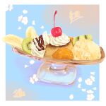  absurdres artist_name banana banana_slice cherry chocolate_syrup food food_focus fruit highres ice_cream kiwi_(fruit) kiwi_slice no_humans original pudding pudding_a_la_mode takisou_sou whipped_cream 