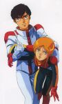  1980s_(style) 1boy 1girl angry blue_eyes boots brown_hair carrying carrying_person clenched_teeth gloves green_eyes gundam gundam_zz holding injury judau_ashta key_visual kitazume_hiroyuki looking_at_viewer magazine_scan neo_zeon official_art open_mouth pilot_suit promotional_art puru_two retro_artstyle scan science_fiction spacesuit spoilers teeth white_background 