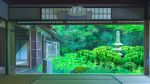  bush commentary_request garden green_theme highres indoors interior koyama_satsuki lamp leaf no_humans original scenery stone_lantern summer tatami tree 