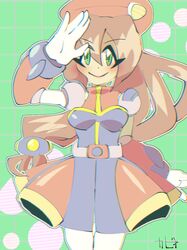  1girl blue_dress blush brown_hair cowboy_shot dress green_eyes hat iris_(mega_man) long_hair looking_at_viewer mayutabikko2 mega_man_(series) mega_man_x_(series) red_dress red_hat salute simple_background smile solo 