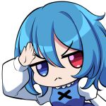  1girl :&lt; blue_eyes blue_hair bmkro closed_mouth commission english_commentary frown heterochromia long_sleeves looking_at_viewer lowres red_eyes salute short_hair solo tatara_kogasa touhou transparent_background upper_body 