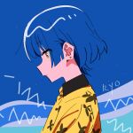  1girl bad_id bad_twitter_id blue_background blue_hair bocchi_the_rock! closed_mouth collared_shirt earrings from_side highres jewelry kerorira print_shirt profile shirt short_hair solo upper_body yamada_ryo yellow_eyes yellow_shirt 