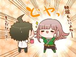  1boy 1girl ahoge arms_up backlighting belt_buckle black_eyes black_pants boots breasts brown_hair buckle can character_request chibi collar commentary_request copyright_request cosplay danganronpa_(series) danganronpa_2:_goodbye_despair drink_can emphasis_lines eyelashes from_behind galaga gloves gold_belt green_footwear green_shirt hair_ornament hairclip hinata_hajime holding holding_can knee_boots large_breasts light_blush long_hair long_sleeves nanami_chiaki open_mouth orange_background pants patterned_background pink_hair sheath sheathed shirt shoes short_hair short_sleeves simple_background smile soda_can solid_oval_eyes sparkle spiky_hair sweatdrop sword translation_request v-shaped_eyebrows weapon white_collar white_footwear white_gloves white_shirt yumaru_(marumarumaru) 