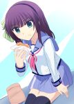  1girl :t absurdres angel_beats! arm_at_side black_hairband black_thighhighs blue_sailor_collar blue_skirt blunt_bangs bow burger closed_mouth commentary_request cowboy_shot eating eyes_visible_through_hair food green_bow green_eyes hair_bow hairband hand_up highres holding holding_food lelie_(lelie_link) light_blue_background light_blush long_sleeves looking_at_viewer medium_hair miniskirt nakamura_yuri neckerchief pink_neckerchief pleated_skirt purple_hair sailor_collar shinda_sekai_sensen_uniform shirt sidelocks simple_background sitting skirt solo split_mouth straight_hair thigh-highs white_shirt zettai_ryouiki 