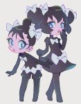  2girls black_dress blue_eyes bow bright_pupils child clenched_hand dot_nose double_bun dress full_body gothita gothorita hair_bow hair_bun hand_up highres leaning leaning_forward lips long_eyelashes looking_to_the_side multiple_girls myunazzang no_toes open_hand open_hands parted_lips personification petite pokemon short_hair simple_background single_hair_bun standing teeth three_quarter_view upper_teeth_only very_short_hair walking white_background white_bow white_pupils 