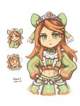  1girl abs bow capoolarioo crop_top etie_(fire_emblem) fire_emblem fire_emblem_engage green_bow green_eyes green_shirt green_skirt highres orange_gemstone orange_hair shirt skirt swept_bangs tiara 