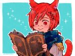  1boy :&gt; blue_background blue_scarf book cat_tail closed_mouth final_fantasy final_fantasy_xiv g&#039;raha_tia holding holding_book itowo_(itowc) male_focus notice_lines open_book reading red_eyes redhead scarf smile solo sparkle tail upper_body 