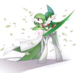  arm_blade bad_id bad_pixiv_id colored_skin dress falling_leaves gallade gardevoir green_hair hair_over_one_eye leaf looking_at_viewer multicolored_skin parted_lips pink_eyes pokemon pokemon_(creature) simple_background smile two-tone_skin utsugi_(skydream) weapon white_background white_dress white_skin 