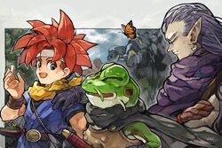  3boys artist_name belt black_cape black_gloves blue_tunic bug butterfly cape chrono_trigger cloak closed_eyes closed_mouth colored_skin commentary_request crono_(chrono_trigger) crossed_arms earrings frog_(chrono_trigger) furry furry_with_non-furry gloves green_eyes green_skin hand_on_another&#039;s_shoulder hand_up highres interspecies jewelry looking_at_another magus_(chrono_trigger) male_focus monarch_butterfly mountain multiple_boys open_mouth outdoors purple_cloak redhead scarf short_sleeves sleeveless spiky_hair sword teeth tree tunic upper_body uzutanco weapon yellow_scarf 