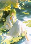  1other absurdres androgynous bird branch duck enkidu_(fate) fate/grand_order fate/strange_fake fate_(series) grass green_hair hair_between_eyes highres lily_pad long_hair long_sleeves looking_down on_grass outdoors pond ripples robe shulanbiande sitting smile solo_focus tree water white_robe yellow_eyes 