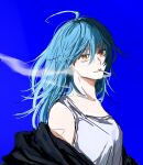  1girl akao_rion arm_tattoo bare_shoulders black_jacket blue_background blue_hair breasts highres jacket light_smile long_hair open_clothes open_jacket rokuen_skd sakamoto_days sleeveless smoke_trail smoking tattoo yellow_eyes 