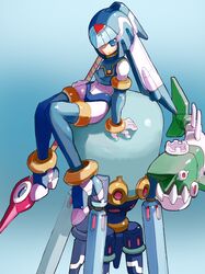  1girl absurdres android armor blue_armor blue_eyes blue_footwear blue_gloves blue_helmet blue_thighhighs blue_vest bodysuit boots bracelet crop_top cropped_vest crotch_plate fairy_leviathan_(mega_man) fish forehead_jewel gem gloves gold_bracelet helmet high_heel_boots high_heels highres holding holding_polearm holding_weapon jewelry mega_man_(series) mega_man_zero_(series) non-humanoid_robot omochi_(mochi_skymega) polearm red_gemstone robot robot_animal robot_girl solo spear thigh-highs thigh_boots thrusters vest weapon white_bodysuit white_gloves 