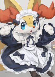  animal_ear_fluff apron black_dress black_ribbon blue_eyes blush bow braixen clothed_pokemon dress fangs grey_background highres looking_at_viewer maid maid_apron maid_headdress makoto_ikemu neck_ribbon no_humans open_mouth pokemon pokemon_(creature) red_fur ribbon simple_background solo_focus sweat white_apron white_fur yellow_fur zoroark 