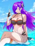  1girl bikini black_bikini black_choker choker fire_emblem fire_emblem:_three_houses fire_emblem_warriors:_three_hopes flower hair_flower hair_ornament hair_over_one_eye highres matchanosuke_fe official_alternate_costume purple_hair shez_(female)_(fire_emblem) shez_(female)_(summer)_(fire_emblem) shez_(fire_emblem) smile solo swimsuit water white_flower 