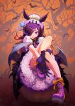  1girl absurdres animal_ears bat_(animal) bat_wings blush boots brooch canoyan cross-laced_footwear hair_over_one_eye halloween highres horse_ears horse_girl jewelry knee_up lace-up_boots legs long_hair looking_at_viewer maid_headdress orange_background puffy_short_sleeves puffy_sleeves pumpkin rice_shower_(umamusume) short_sleeves solo tongue tongue_out umamusume violet_eyes wings 
