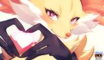  black_fur character_name close-up delphox heart heart_hands logo looking_at_viewer multicolored_fur pokemon pokemon_(creature) pokemon_unite red_eyes red_fur simple_background solo suahh white_background white_fur yellow_fur 