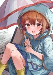  1girl blue_coat blue_ribbon blush boots brown_eyes brown_hair coat commentary_request hair_between_eyes hair_ribbon highres holding holding_umbrella hood hood_up hooded_coat kaiboukan_no._4_(kancolle) kantai_collection looking_at_viewer mizuta_kenji open_mouth raincoat ribbon rubber_boots signature sitting solo twitter_username umbrella wide_sleeves yellow_footwear 