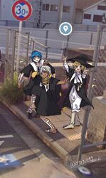  3boys aladdin_(magi) aniru black_robe blonde_hair blue_eyes blue_hair blush boots chain-link_fence double_v earrings fence forehead_jewel gladiator_sandals google_maps google_street_view green_eyes grey_hair grin high_school_girls_posing_for_google_street_view_(meme) highres jewelry looking_at_viewer magi_the_labyrinth_of_magic male_focus meme multiple_boys pants photo_background posing raised_curb road_sign robe rukh_(magi) sandals sidewalk sign smile snake sphintus_carmen standing standing_on_one_leg titus_alexius uniform v white_pants 