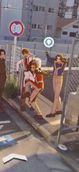  4boys asuka_shin_(ultraman_dyna) black_hair brown_hair double_v fujimiya_hiroya google_maps google_street_view high_school_girls_posing_for_google_street_view_(meme) highres madoka_daigo male_focus meme multiple_boys photo_background picgentle posing sidewalk sign takayama_gamu ultra_series ultraman_dyna_(series) ultraman_gaia_(series) ultraman_tiga_(series) uniform v 