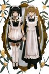  2girls :&lt; :| apron arm_at_side black_dress black_eyes black_hair blunt_bangs blush closed_mouth collared_dress dress expressionless frilled_apron frills full_body hair_between_eyes highres holding_hands inu_dakisime long_dress long_hair long_sleeves looking_at_viewer maid maid_headdress mirror multiple_girls neck_ribbon orange_eyes orange_hair original ribbon short_dress short_sleeves side-by-side simple_background straight-on thigh-highs thigh_strap twintails very_long_hair white_apron white_background white_thighhighs zettai_ryouiki 