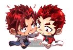  2boys akashi_(alter)_(live_a_hero) akashi_(live_a_hero) bug butterfly cheek-to-cheek chibi dual_persona facial_hair full_body goatee grin heads_together highres kizami_nori_to_yamaimo live_a_hero long_sideburns male_focus multiple_boys red_eyes redhead scar scar_on_face scar_on_nose short_hair shout_lines sideburns sideways_mouth smile thick_eyebrows v-shaped_eyebrows 