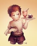  1boy :3 alternate_costume animal-themed_food artist_name bare_arms black_eyes black_jacket brown_hair closed_mouth clothes_around_waist coffee collared_shirt commentary cropped_legs cup danganronpa_(series) danganronpa_v3:_killing_harmony ear_piercing english_commentary food glass gradient_background grey_pants half-closed_eyes handkerchief highres holding holding_notepad holding_plate hoshi_ryoma ice_cream jacket jacket_around_waist loiodg looking_to_the_side male_focus mug notepad pants piercing plate shirt short_hair short_sleeves simple_background smile solo sundae waiter white_shirt yellow_background 