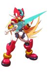  1boy armor blonde_hair clenched_hand crotch_plate energy_sword forehead_jewel full_body green_eyes helmet hi-go! highres holding holding_sword holding_weapon jacket long_hair male_focus mega_man_(series) mega_man_zx model_zx_(mega_man) power_armor red_armor red_helmet red_jacket solo sword vent_(mega_man) weapon 