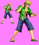 1boy abs bare_arms blonde_hair clenched_hand collared_shirt commentary_request fighting_stance floral_print full_body green_shirt grey_shorts hands_up lowres mummy-e open_clothes open_shirt pink_background pixel_art shirt short_hair short_sleeves shorts simple_background solo spiky_hair standing sunglasses toaru_majutsu_no_index toaru_majutsu_no_index:_old_testament toned toned_male tsuchimikado_motoharu 