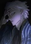  1boy blood blood_on_face blue_coat blue_eyes chihaya_mori closed_mouth coat devil_may_cry_(series) devil_may_cry_3 gloves hair_slicked_back highres looking_at_viewer pale_skin solo vergil_(devil_may_cry) white_hair 