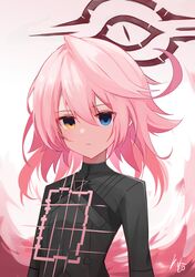  1girl black_dress black_halo blue_archive blue_eyes broken_halo dark_halo dress empty_eyes english_commentary expressionless hair_between_eyes halo heterochromia highres hoshino_(blue_archive) hoshino_terror_(blue_archive) light_frown long_hair looking_at_viewer medium_hair messy_hair pink_hair pink_halo rikotch07 solo spoilers upper_body yellow_eyes 