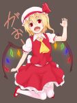  1girl ascot black_background commentary_request crystal_wings fangs flandre_scarlet hat hat_ribbon highres kakone one_side_up open_mouth red_ribbon red_skirt red_vest ribbon short_sleeves simple_background skirt solo thigh-highs touhou vest white_thighhighs yellow_ascot 