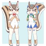  0x0082 2girls animal_ears blue_background boots bow bowtie brown_eyes brown_hair chipmunk_ears chipmunk_girl chipmunk_tail extra_ears food gloves highres kemono_friends kemono_friends_3 kemono_friends_v_project looking_at_viewer microphone multiple_girls pantyhose ribbon shirt short_hair shorts siberian_chipmunk_(kemono_friends) simple_background tail thigh-highs vegetable vest virtual_youtuber 