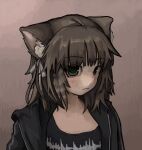  1girl animal_ear_fluff animal_ears black_jacket black_shirt brown_background brown_hair cat_ears cat_girl character_request commentary copyright_request english_commentary green_eyes hair_ribbon highres jacket looking_afar messy_hair open_clothes open_jacket print_shirt ribbon shirt short_hair simple_background solo upper_body white_ribbon zoolpal 