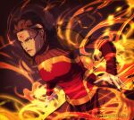  1girl arm_guards armor artist_name avatar_legends bad_deviantart_id bad_id black_nails brown_hair closed_mouth english_text fire lips long_hair nail_polish p&#039;li_(the_legend_of_korra) pyrokinesis red_eyes red_lips signature solo the_art_mage the_legend_of_korra third_eye upper_body 