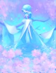  bob_cut cherry_blossoms colored_skin dress falling_petals gardevoir green_hair hair_over_one_eye highres looking_at_viewer misubaru_rin multicolored_skin petals pink_eyes pokemon pokemon_(creature) ripples sitting_on_branch tree two-tone_skin white_dress white_skin 