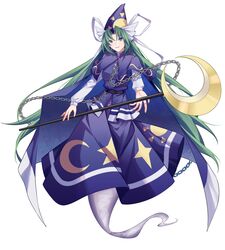  1girl absurdres blue_cape blue_capelet cape capelet chain chinese_commentary commentary_request crescent_print ghost_tail green_eyes green_hair hat highres holding holding_staff long_hair long_sleeves looking_at_viewer mima_(touhou) minuo open_mouth print_headwear smile solo staff star_(symbol) star_print sun_print touhou touhou_(pc-98) very_long_hair wizard_hat 