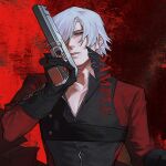  1boy bishounen blue_eyes dante_(devil_may_cry) devil_may_cry_(series) devil_may_cry_2 ebony_&amp;_ivory gloves gun hair_over_one_eye highres holding holding_gun holding_weapon looking_at_viewer solo upper_body weapon white_hair zmlskr 