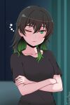  1girl absurdres artist_name black_hair black_shirt blush breasts closed_mouth collarbone commentary crossed_arms english_commentary gradient_hair green_eyes green_hair hair_between_eyes hair_down highres indoors looking_at_viewer love_live! love_live!_nijigasaki_high_school_idol_club medium_breasts multicolored_hair one_eye_closed red_lips shirt short_sleeves solo standing takasaki_yu truffadeazalea upper_body 