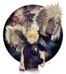  1boy armor artist_name black_gloves blonde_hair blue_eyes blue_sweater burning closed_eyes closed_mouth cloud_strife commentary_request crying empty_eyes evil_smile final_fantasy final_fantasy_vii final_fantasy_vii_rebirth final_fantasy_vii_remake fire gloves hands_on_own_head highres holding looking_at_viewer male_focus materia multiple_views open_mouth ribbed_sweater short_hair shoulder_armor single_bare_shoulder single_empty_eye sleeveless sleeveless_turtleneck smile spiky_hair suspenders sweater teardrop tears tori_(labyrinth_fft) turtleneck turtleneck_sweater upper_body water_tank water_tower windmill 