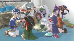  3girls 4boys 91007 aged_down artist_name black_hair blue_eyes blue_hair book boyd_(fire_emblem) boyd_(future_great)_(fire_emblem) brown_hair cape child closed_eyes dated dress eyepatch fingerless_gloves fire_emblem fire_emblem:_path_of_radiance fire_emblem_heroes ghost_costume gloves green_cape green_eyes green_hair halloween_costume hat highres hood hooded_cape ike_(close-knit_siblings)_(fire_emblem) ike_(fire_emblem) ilyana_(awakened_appetite)_(fire_emblem) ilyana_(fire_emblem) long_hair mia_(budding_blade)_(fire_emblem) mia_(fire_emblem) mist_(close-knit_siblings)_(fire_emblem) mist_(fire_emblem) multiple_boys multiple_girls pirate_hat red_eyes red_mask rolf_(fire_emblem) rolf_(halloween)_(fire_emblem) sandals short_hair shorts siblings smile soren_(fire_emblem) soren_(hushed_voice)_(fire_emblem) white_shorts witch_hat 