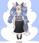  1girl animal_ears arms_up blue_background boots coroha dress extra_ears fox_ears fox_girl fox_tail full_body grey_hair hair_ornament jumping kemono_friends long_hair looking_at_viewer silver_fox_(kemono_friends) simple_background solo tail 