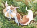  alternate_color animal_focus blue_eyes bright_pupils brown_fur closed_mouth day eevee fern fleebites fluffy forest leaf log looking_up moss mushroom nature no_humans outdoors plant pokemon pokemon_(creature) standing traditional_media tree white_fur white_pupils 